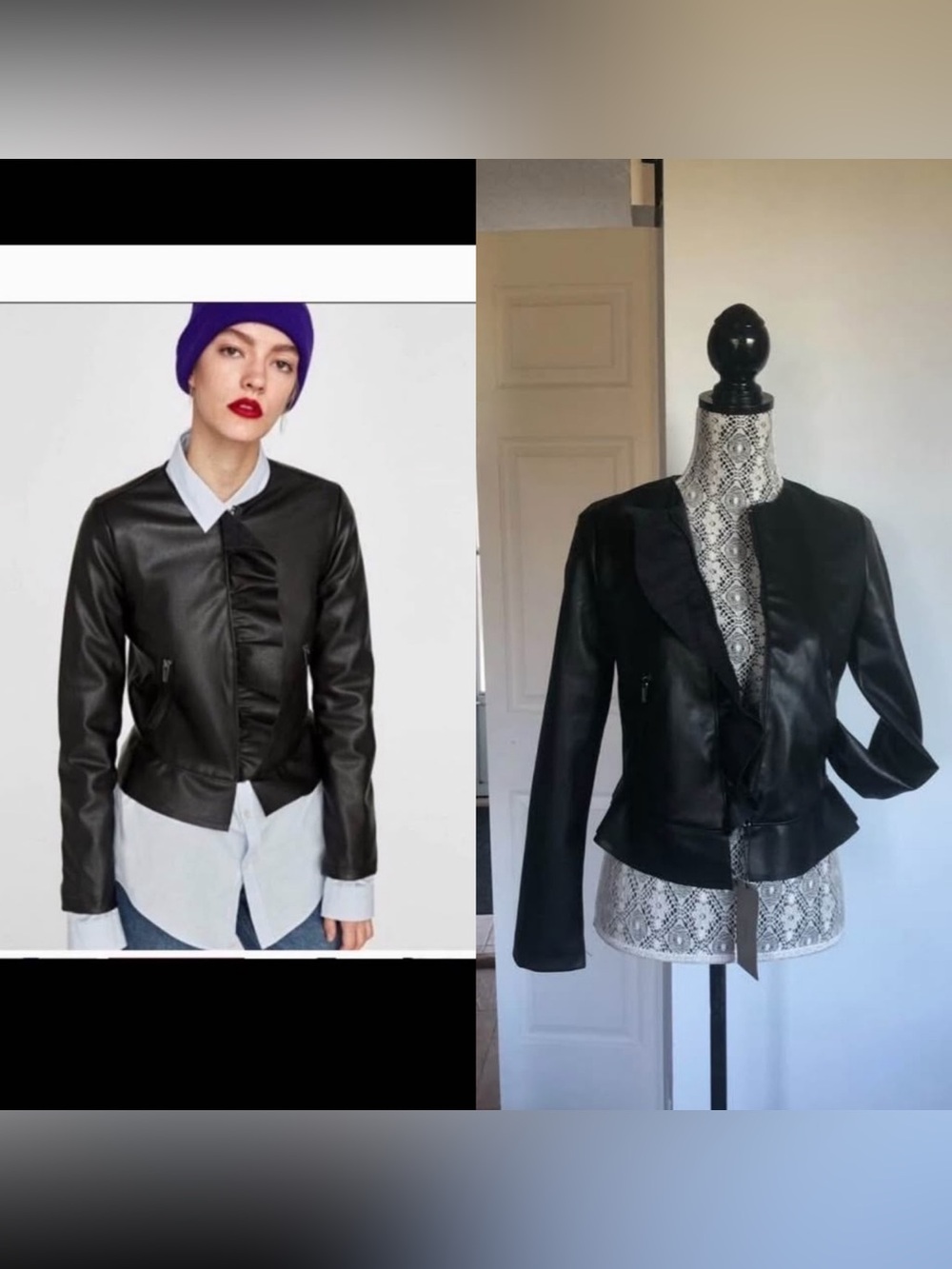 NWT Zara Vegan Leather Ruffle Coat Jacket. Black. Small.